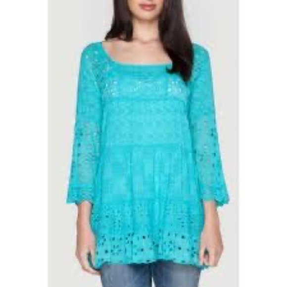Johnny Was Tops - Johnny Was Turquoise Eyelet Bell Sleeve Tunic